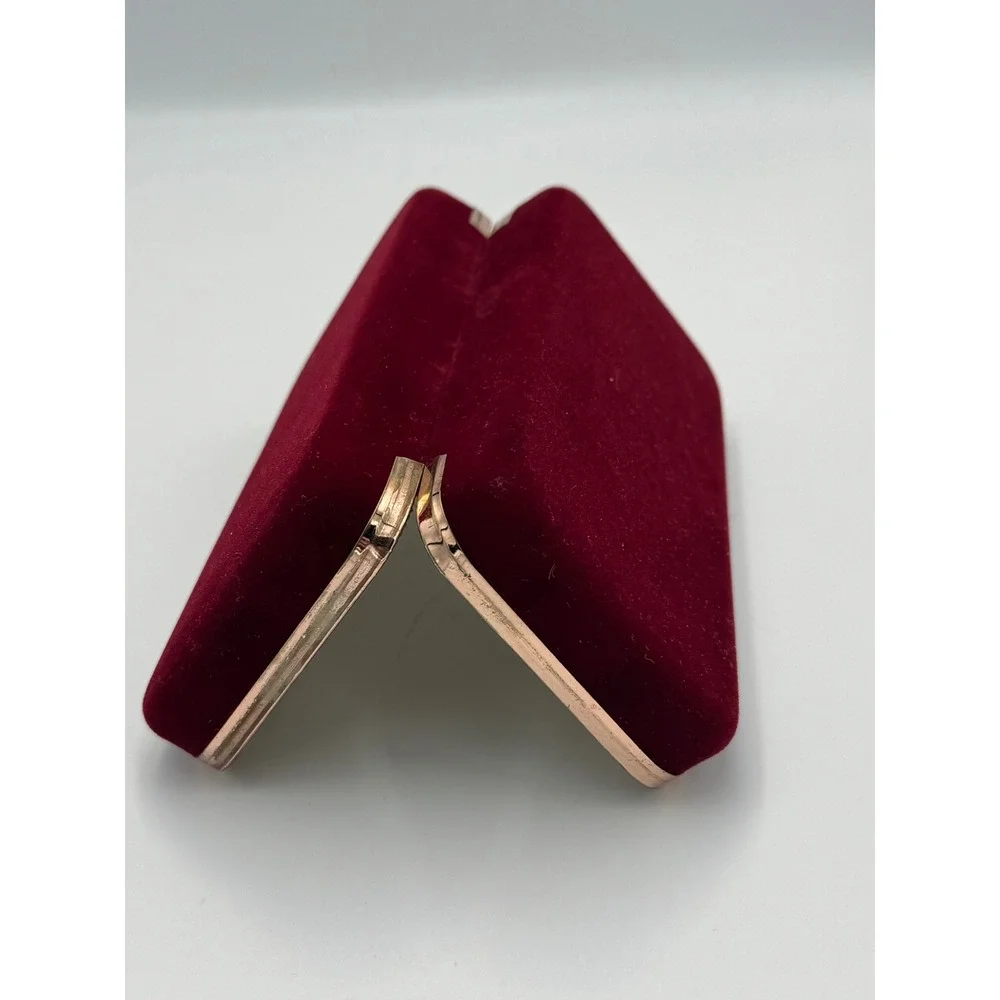 Vintage Burgundy Velvet Travel Jewelry Box Rose Gold Trim Mirror Ring Storage